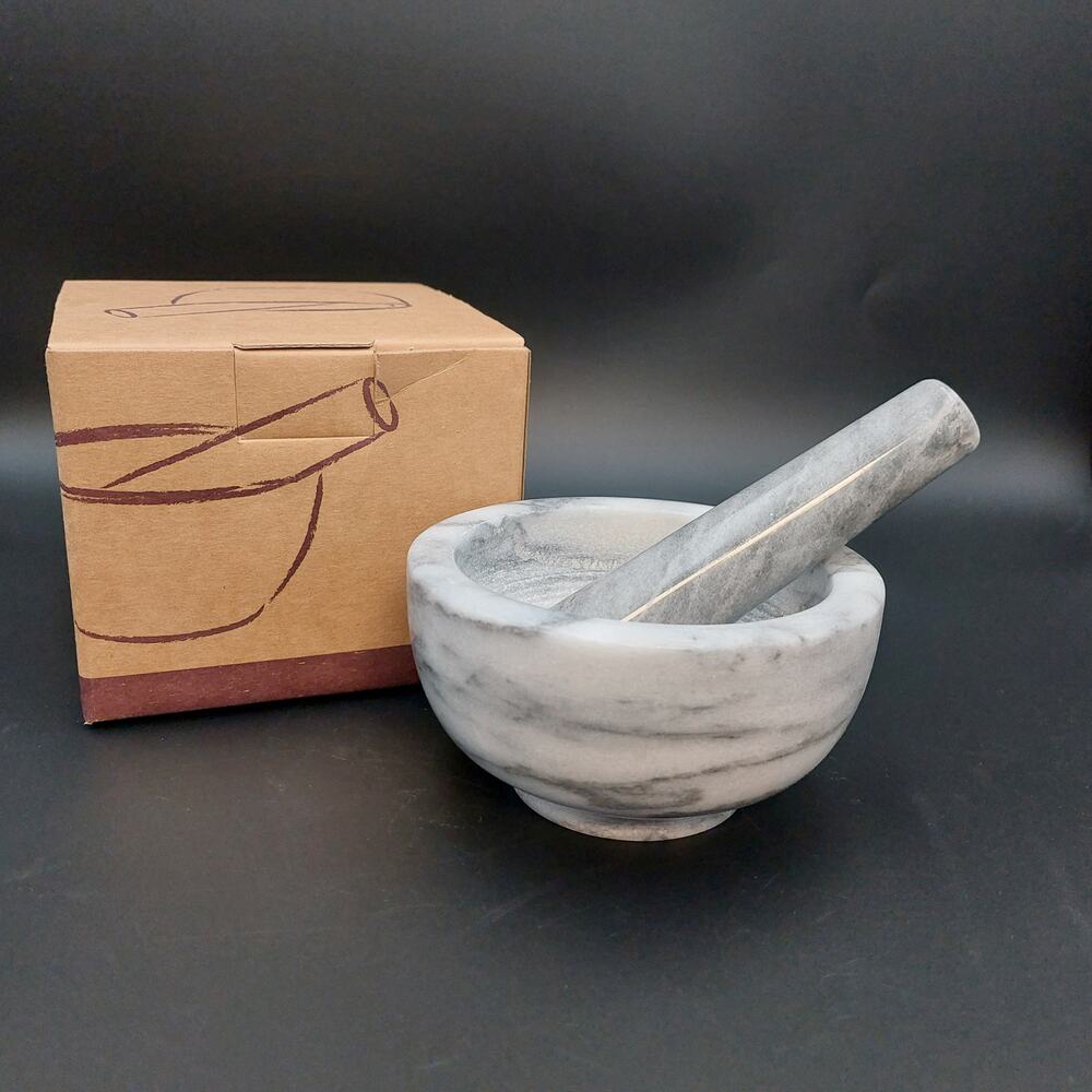 SUR LA TABLE Marble Mortar & Pestle Set Small 4.5" Grey Stone Herb Grinder W/Box